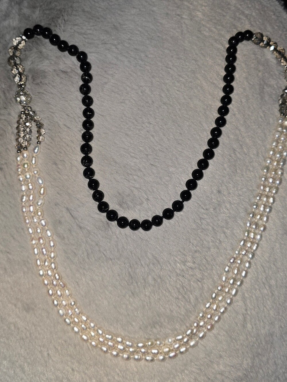 Asymmetrical Freshwater Rice Pearl Black Onyx Bead Statement Necklace Boho